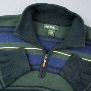 Eddie Bauer Pima Cotton Striped 1/4 Zip Sweater Men Large Tall Green Golf Preppy